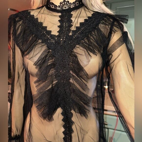 🖤 L.I.F.E “Love Is For Eternity” Black Sheer Ruffle Mesh Top - Size M - Picture 3 of 15